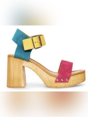 Steve Madden Colada Colorblock Teal Yellow Pink Wood Platform Sandal 39 US 8.5